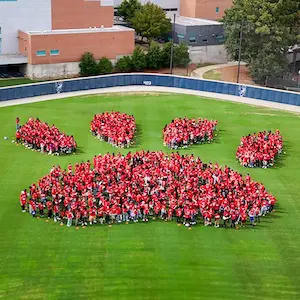 an aerial view of students on the baseball field organized to look like a paw print